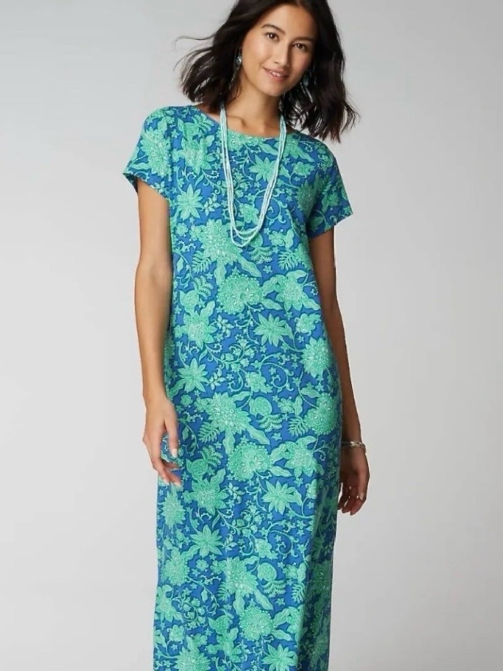 J. Jill Blue & Aqua Floral Maxi T-Shirt Dress Size Small Resortwear Vacation